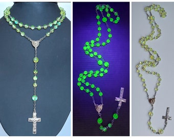 Czech ab uranium glass beads rosary necklace