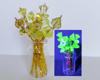 Czech Mini vintage 10 different uranium glass gold tone beads flowers bouquet in glass jar