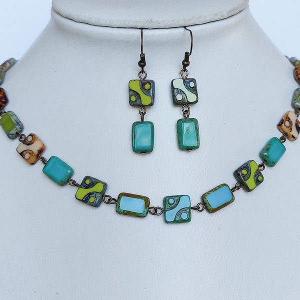 Czech cut flat turquoise multicolor square and rectangle glass beads necklace and earrings set