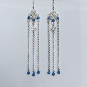 Mongolian turquoise silver plated vintage traditional style dangle drop chain long ulzii eternal endless knot ornament earrings