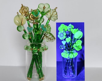 Czech Mini vintage 10 different uranium green glass gold tone beads flowers bouquet in glass jar
