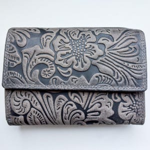 SALE New women's Real Leather flower embossed grey wallet