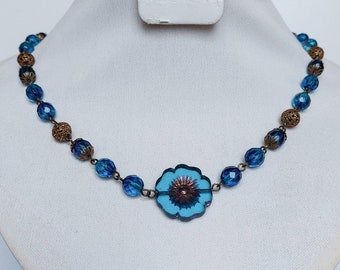 Czech flower aqua glass pendant metal bead beaded necklace