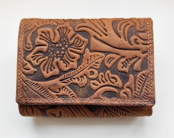 SALE New women's Real Leather flower embossed brown wallet