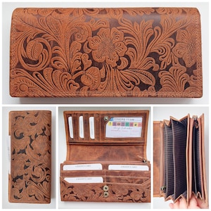 SALE New women's Real Leather flower embossed brown wallet