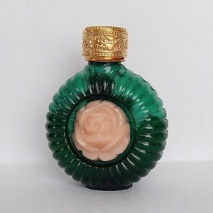 Vintage Czech handmade MALACHITE glass rose molded flower mini perfume bottle