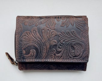 SALE New women's Real Leather flower embossed brown wallet