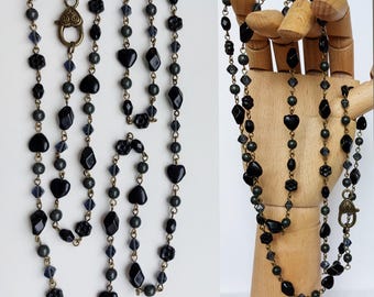 Czech black flower heart glass faceted beads beaded layering long necklace
