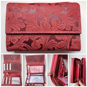 SALE New women's Real Leather flower embossed red wallet