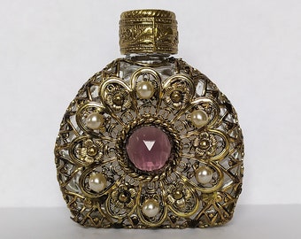 Vintage Czech handmade Amethyst rhinestone glass perfume bottle