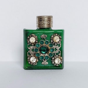 Czech handmade vintage rhinestone malachite glass perfume or oil bottle