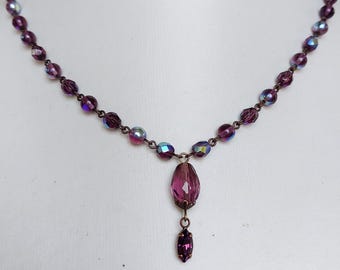 Czech vintage amethyst purple glass pendant and beads beaded necklace
