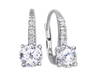 925 rhodium plated sterling real silver leverback earrings with cubic zirconia cz