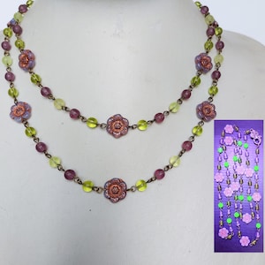 Czech purple flower, uranium and glass beads boho multicolor beaded layering long necklace
