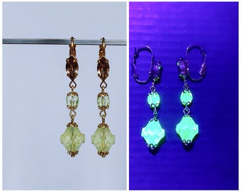 Czech vintage uranium glass beads rhinestone drop earrings