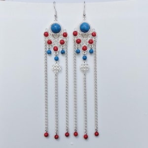 Mongolian turquoise silver plated vintage traditional style dangle drop chain long ulzii eternal endless knot ornament earrings