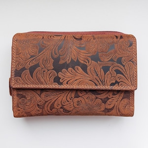 SALE New women's Real Leather flower embossed brown wallet