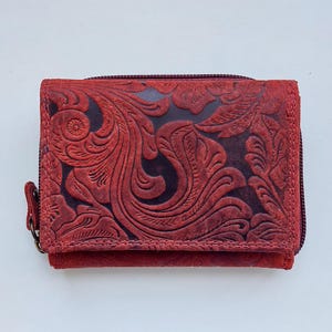 SALE New women's Real Leather flower embossed red wallet