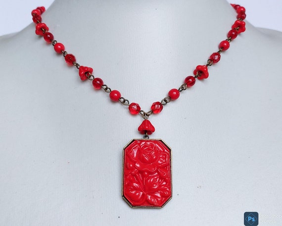 Czech vintage flower red molded glass pendant cab… - image 1