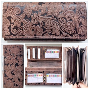 SALE New women's Real Leather flower embossed brown wallet