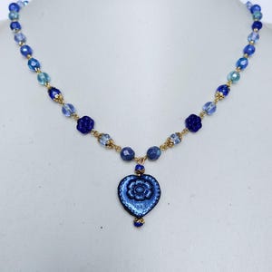 Czech Heart flower cobalt blue glass pendant multicolor bead beaded boho necklace