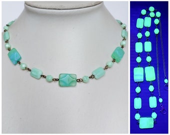 Czech uranium rectangle glass beads pendant and uranium glass beads necklace
