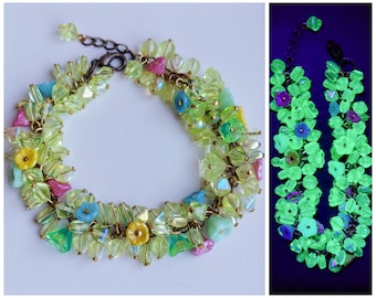 Czech Art Deco style multicolor flower glass pendant and uranium glass beads bracelet