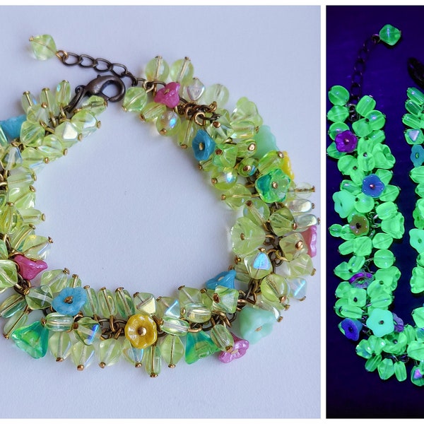 Czech Art Deco style multicolor flower glass pendant and uranium glass beads bracelet