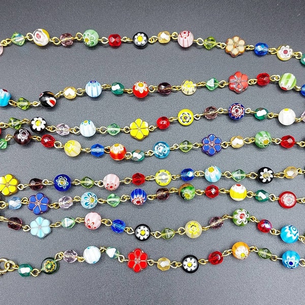 63" Millefiori flower and czech flower glass beads boho multicolor beaded layering extra long necklace