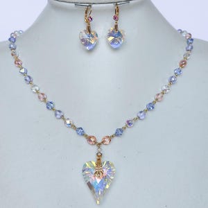 Czech ab glass beads and Austrian ab crystal cut heart glass pendant necklace, vintage leverback rhinestone earrings set