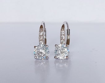 925 rhodium plated sterling real silver leverback earrings with cubic zirconia cz