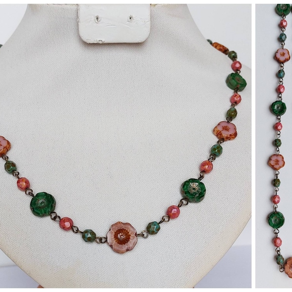 Czech flower glass pendant bead boho multicolor beaded necklace