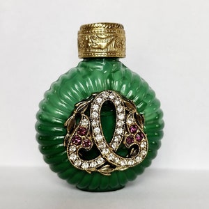 Vintage Czech handmade malachite glass MINI rhinestone perfume bottle
