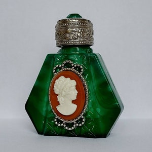 Vintage Czech handmade MALACHITE glass Cameo mini perfume bottle