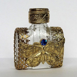 Vintage Czech handmade MINI blue rhinestone butterfly glass perfume bottle