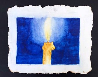 Original Blue and Yellow Watercolor Painting of Burning Glowing Candle