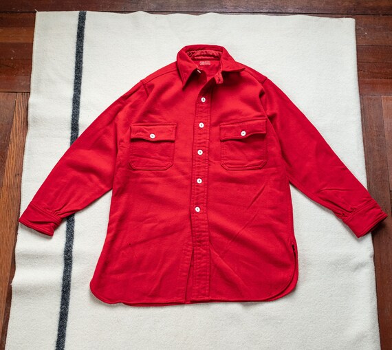 1930's JC Penny Red Wool ChinStrap Work Shirt. Colla… Gem
