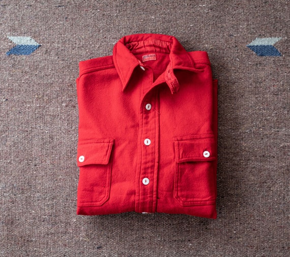1930's JC Penny Red Wool ChinStrap Work Shirt. Colla… Gem