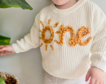 Sun first birthday sweater, first birthday outfit, first birthday sun, toddler sweater, embroidered number sweater, one sweater