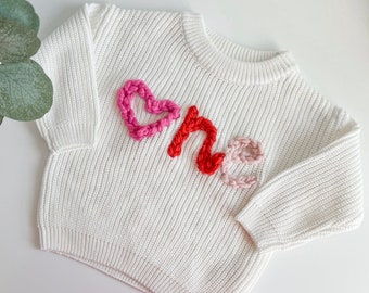 Baby Valentines day sweater, first birthday sweater, valentines birthday, first birthday outfit, toddler valentines day, heart sweater