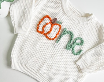 Embroidered First Birthday Sweater: Fall Pumpkin Outfit