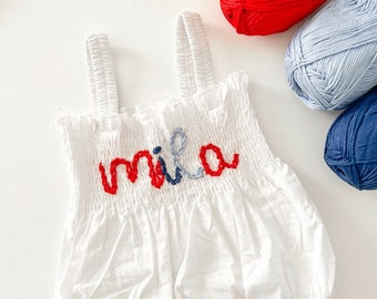 July 4th Embroidered Name Romper: Patriotic Baby Outfit