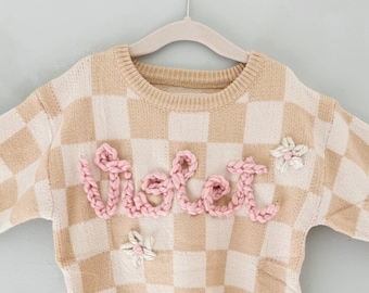 Custom embroidered baby sweater, toddler sweater, embroidered name sweater, baby name sweater, checkered sweater, checkerbaord sweater