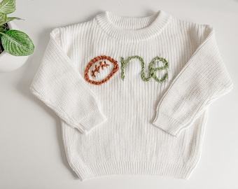 Football First Birthday Outfit: Hand-Embroidered Sweater