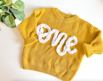 Custom number baby sweater, toddler sweater, embroidered number sweater, custom birthday outfit, first birthday outfit, second birthday