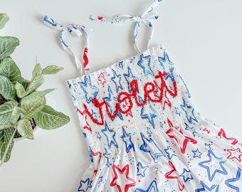 Embroidered Name Romper: July 4th Toddler Outfit, Stars & Stripes