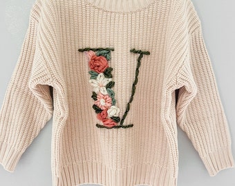 Embroidered sweater, first birthday sweater, floral initial sweater, birthday photoshoot outfit, birthday sweater, monogram sweater