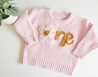 Daisy 'One' Sweater: Embroidered Toddler First Birthday Outfit