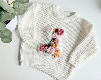 Embroidered sweater, first birthday sweater, floral number sweater, birthday photoshoot outfit, birthday sweater, number sweater, baby gift