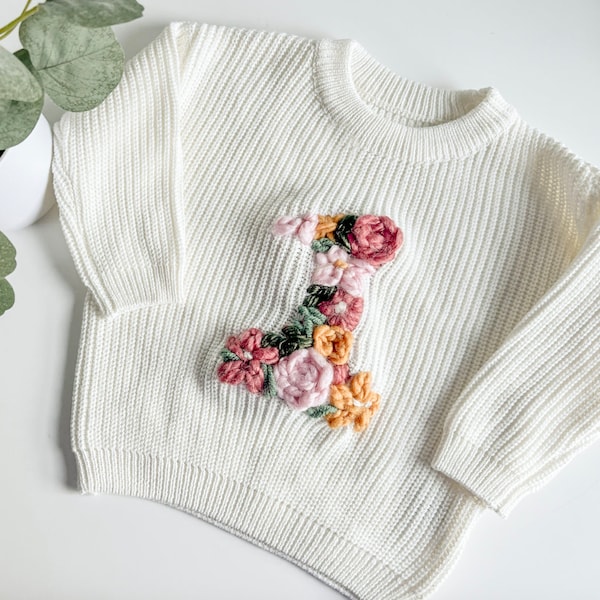 Embroidered First Birthday Sweater: Floral Number Outfit